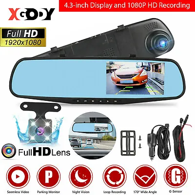 $33.99 • Buy XGODY 4.3  1080P Dash Cam Rearview Mirror Recorder Car DVR Front And Rear Camera