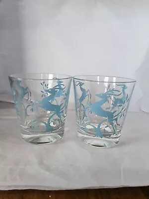 Vintage Mid Century Federal Glass Blue Gazelle Deer Tumbler (Set Of 2) • $14.95