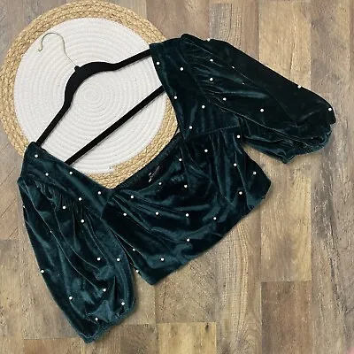 Urban Outfitters Green Velvet Pearl Crop Top Balloon Sleeves Womens Large • $13.98