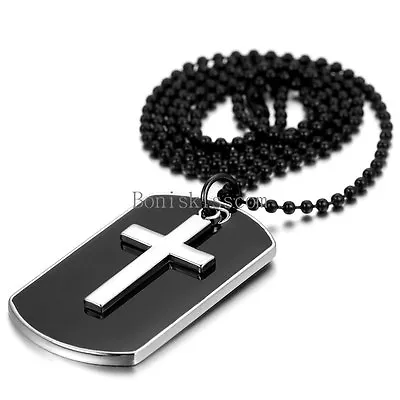 Men's Stainless Steel Black Dog Tag Silver Cross Pendant Necklace W Bead Chain • $8.99