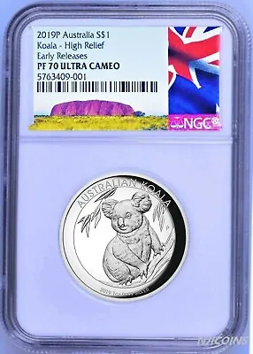 $159.99 • Buy 2019 P Australia HIGH RELIEF 1oz Silver Koala $1 Coin NGC PF70 ER LABEL COA 