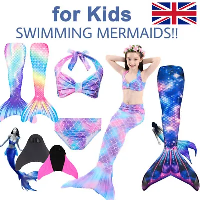 Kids Mermaid Tail With Monofin Swimmable Bikini Set Costume Swimsuit Swimming UK • £15.82