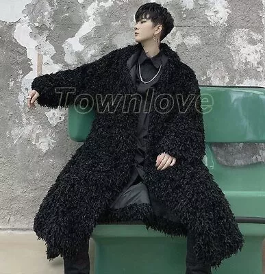 Men's Goth Long Furry Jacket Hooded Faux Fur Trench Coat Belted Outwear Overcoat • $71.54