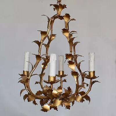 Antique Italian Florentine Gilt Tole Cage Chandelier Ceiling Light 4 Arms • $265