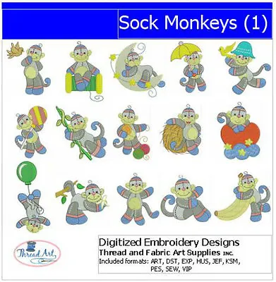 Embroidery Design Set - Sock Monkeys(1) - 15 Designs - 9 Formats - USB Stick • $16.99