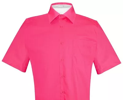 Biagio 100% Cotton Mens Short Sleeve Solid HOT PINK FUCHSIA Dress Shirt Sz S • $25.95