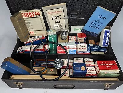 Vintage Curity First Aid Kit Large Metal Box W/ Medicine Glass Stethoscope Etc. • $134.99