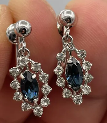 Vtg VAN DELL Signed Sterling Sapphire Tone/white Rhinestone Screwback Earrings • $29.95