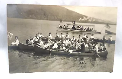 Antique Real Photo Postcard Lake Farkey VT Girls Camp Steam Boat Canoe Flag Day • $36