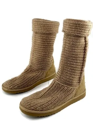 UGG Australia Boots Womens 9 Brown Knit Cardy Crochet Sheepskin Tan 5817 • $49.97