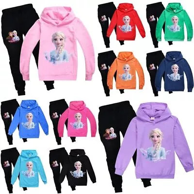 Kids Girls Frozen 2 Elsa Anna Hoodie Tracksuit Set Hoody Hoodie Tops Pants Suits • £16.99