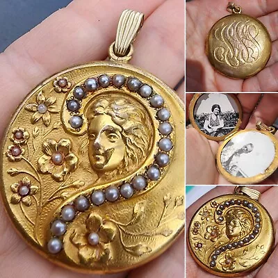 Antique Edwardian Gibson Girl Pearl Question Mark Gold Filled Round Locket • £80.31