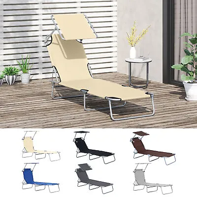 Reclining Sun Lounger Chair Folding Recliner Garden Adjustable Patio W/ Sunshade • £29.99