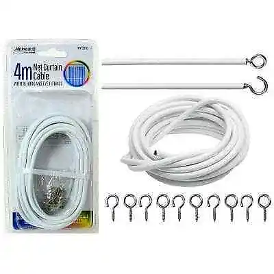4m White Curtain Wire Window Net Cable Cord Rail With 12 Hooks & Eye Fittings • £3.09