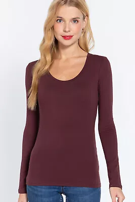 Womens Scoop Neck Cotton Stretch Long Sleeve T-Shirt Plain Fitted Slim Layering • $11.99