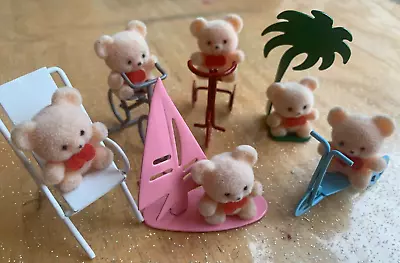 6 Vintage 1980 Flocked Miniature Teddy Bears On Metal Bike Deckchair Nostalgic • £14.99