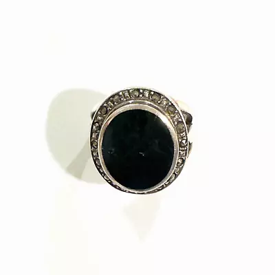 Vintage Sterling Silver Ring Large Crown Onyx Stone Marcasite Accents Size 6 • $26.99