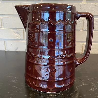 Vintage MARCREST DAISY & DOT LARGE PITCHER 64 Oz Brown Stoneware Pottery 8  Tall • $9.99