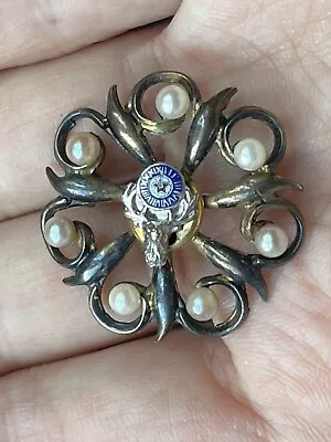 SYMMETALIC Sterling 1/20 14K GOLD Filled Vintage Brooch Pin Pearl & Enamel • $24.99