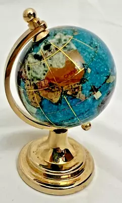 INLAID GEMSTONE Mini Desk World Globe Gold Brass Stand 3.75  Height Sparkle • $35