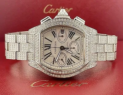 $11999 • Buy Cartier Roadster 44mm Men's Steel Watch White Dial Iced 12ct Diamonds Ref 3405