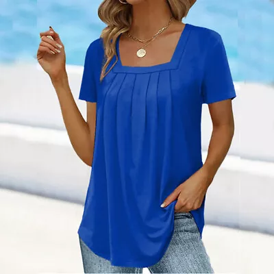 Womens Pleated Swing T-shirt Blouse Summer Loose Tops Plus Size Holiday Tee • $12.86