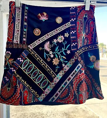 $35 • Buy Zara Embroidered Tapestry Velvet Floral Hippie Bohemian Boho Short Mini Skirt XS