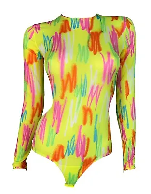 S/S 1996 Gianni Versace Sheer Neon Yellow Pink Green Spray Paint Silk Bodysuit • £1542.73