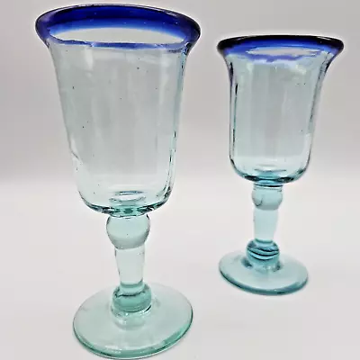 Mexican Hand Blown Cobalt Blue Rim Liqueur Glasses X Pair Of 2 • $24.95