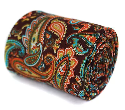 Frederick Thomas Designer Linen Funky Tie For Men - Brown - Multi Colour Paisley • £15.99