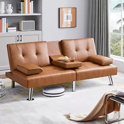 Tan Faux Leather Futon Sleeper Sofa Bed: Modern Recliner Couch With Cupholders • $184.99