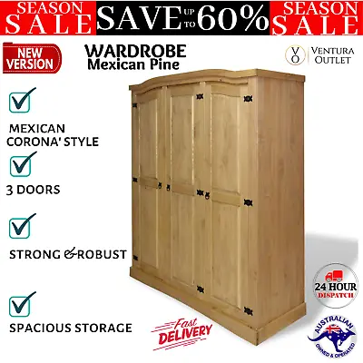 $565.93 • Buy 3 Door Wardrobe Cabinet Bedroom Wooden Clothes Large Storage Shelves  Organiser
