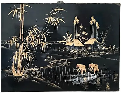 Picture Art WORKERS IN RICE FIELD AND HUTS LACQUER WOODBLOCK Gold Black Vtg Rare • $187