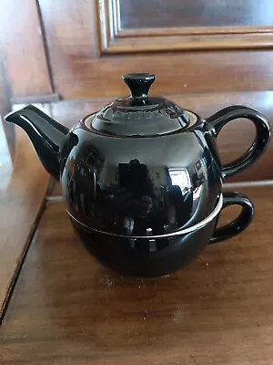 ⭐A Lovely LE CREUSET Stoneware Tea For One Set Teapot & Cup Shiny Black SUPER • £45