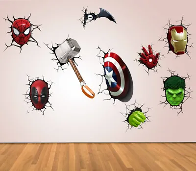  Superhero 3D Crack Kids Bedroom Vinyl Decal Wall Art Sticker Marvel Avengers • £4.74