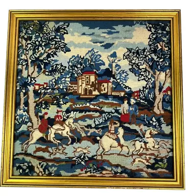 VINTAGE Petite Point Needlepoint Handcrafted Fox Hunt English Mansion Hounds Dog • $135