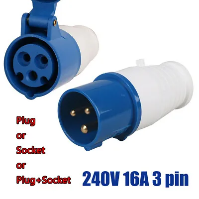 240V 16A 3Pin Blue Industrial Plug & Sockets IP44 Camping Caravan Industrial Use • £6.99