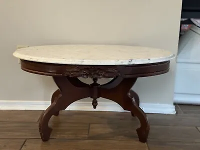 Victorian Mahogany Carved Oval Marble Top Coffee Table   • $300