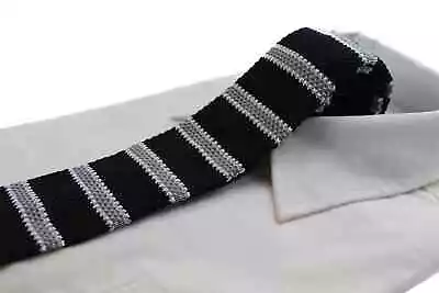 Knitted Black Grey & White Striped Patterned Neck Tie • $7.33