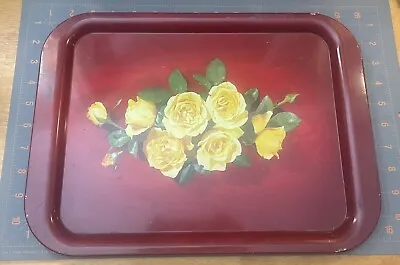 Vintage MCM Red Maroon Burgundy Floral Roses Flowers Metal TV Tray • $19.95