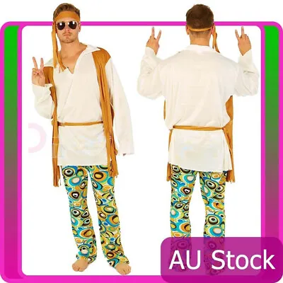 Mens Hippie 60s 70s Hippy Peace Groovy Costume Halloween 1960s 1970s Fancy Dress • $26.70