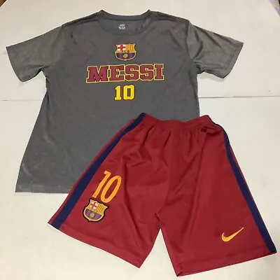 FCB Messi #10 Soccer Jersey & Shorts Shirt Size Medium Shorts Size 24 Grey/Red • $39.99