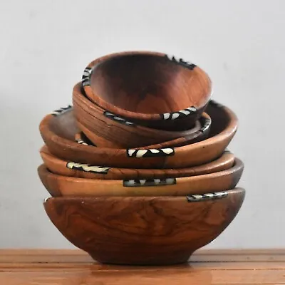Olive Wood Bowl With Bone Detail | African Home Decor | Made In Kenya | Rustic H • £18.05