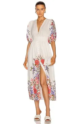 Zimmermann Poppy Plunge Midi Dress Linen Floral Colourful Day Tea Event Size 3 • $499