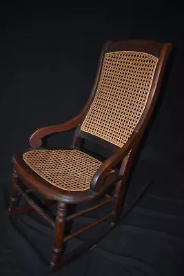 Childs Antique Dark Oak & Recently Caned Rocking Chair In Excellent Condition • $85