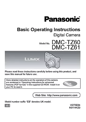 Panasonic Lumix Dmc Tz60 Tz61 Printed Basic Instruction Manual 40 Pages A5 • £11.99