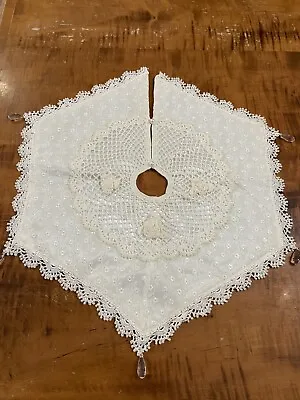 Vint Hand Crocheted Lined Ecru Christmas Tree Skirt 21” By 19” Victorian Country • $37.48