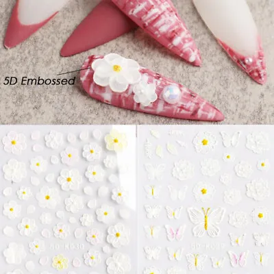 8 Style 5D Nail Sticker Embossed Butterfly Rose Flower Decal Nail Art Decoration • $2.75