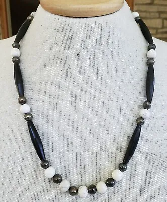 Vintage Black Horn Tube White Howlite Silver Tone Bead Necklace Hook Clasp 23  • $11.20