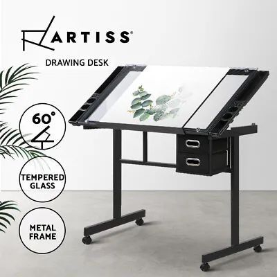 $137.95 • Buy Artiss Drawing Desk Drafting Table Craft Adjustable Glass Art Tilt Drawers Black